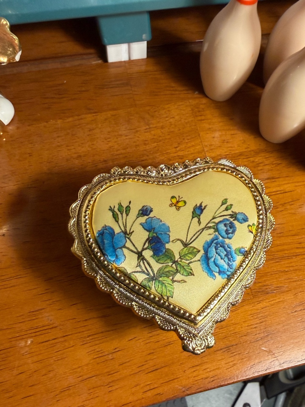 Vintage Gunther Mele Heart Trinket Box Blue Floral Fabric Gold Tone- Japan